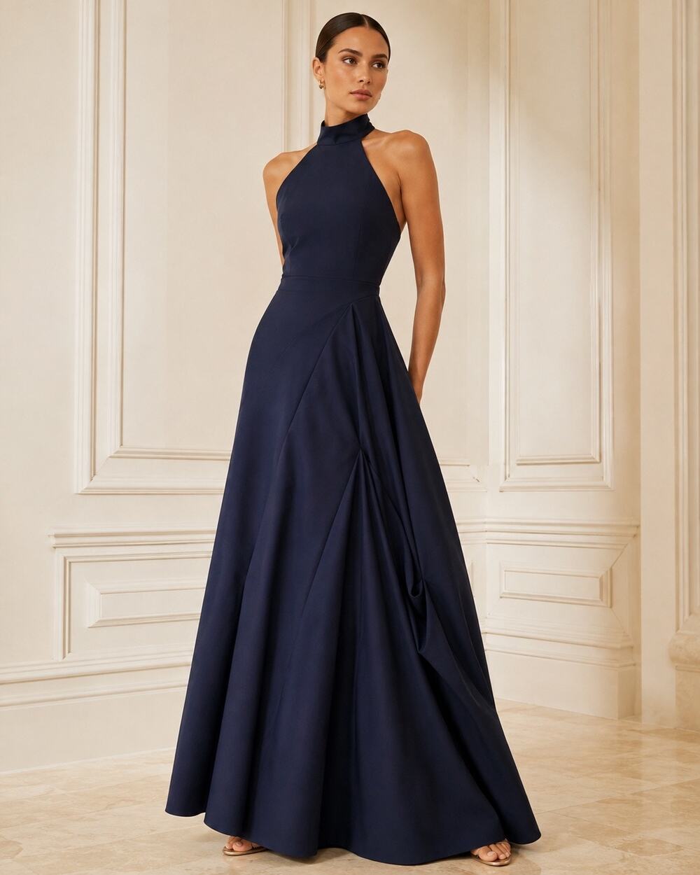 Milly Elena Navy High Neck Halter Open Back Formal Gown Black Tie 12 NWT $650